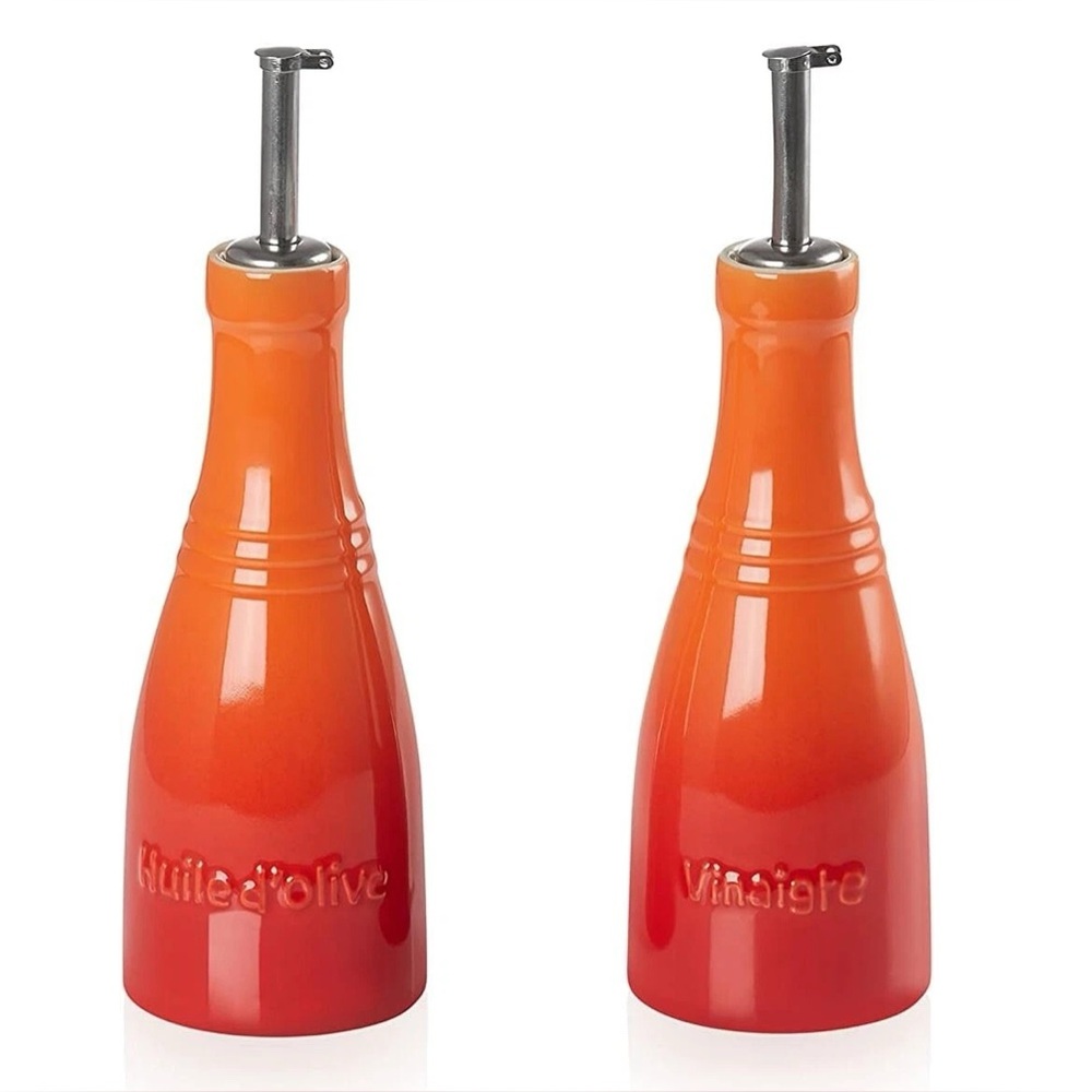 NWT Le Creuset Volcanic Orange and Red Oil and Vinegar Dispenser Set